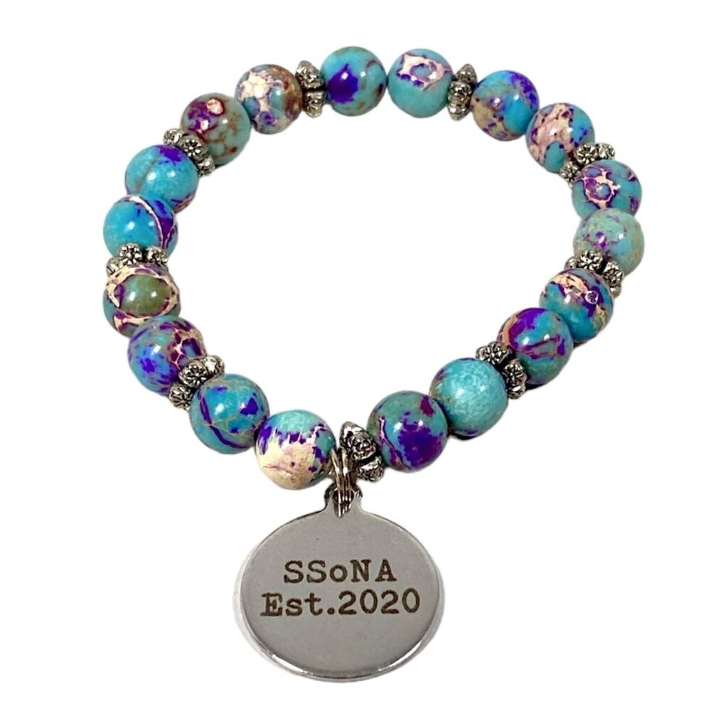 Imperial Jasper Charm Bracelet S/M Blue Beaded Stretch Artsy Boho Gypsy Gift